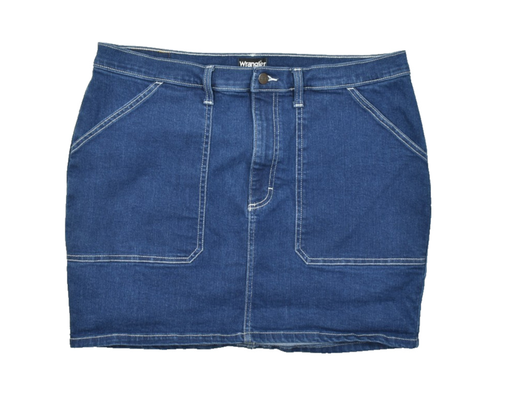 Wrangler Women's XL Denim Mini Skirt Dark Wash Stretch Jean Pockets Waist 20"